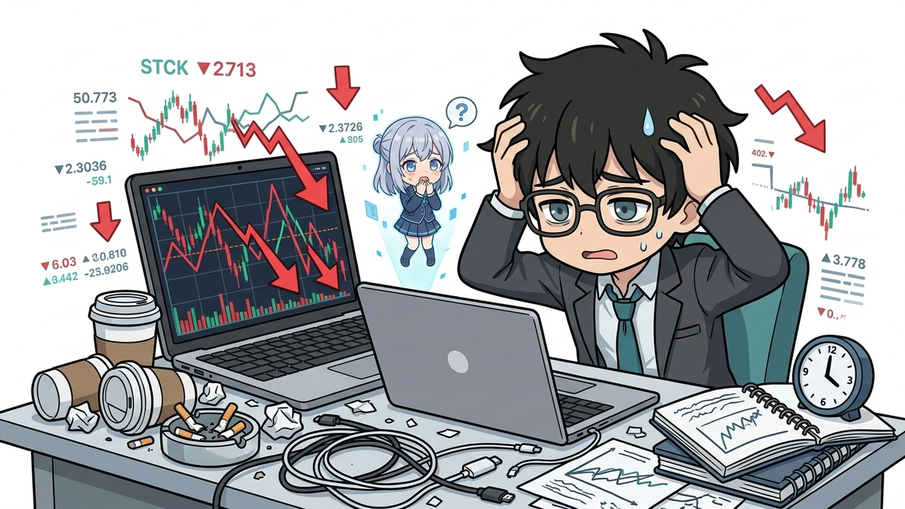 問題提起 - JさんがPC画面の株価チャートを見て、頭を抱えながら焦っているチビキャラ