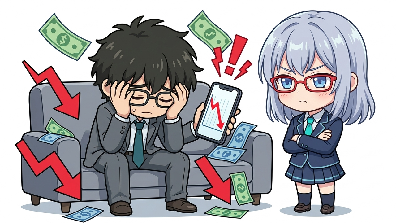 問題提起 - Jさんがスマホの株価チャートを見て絶望している。周りには紙幣が舞い散り、株価が急落しているような描写。