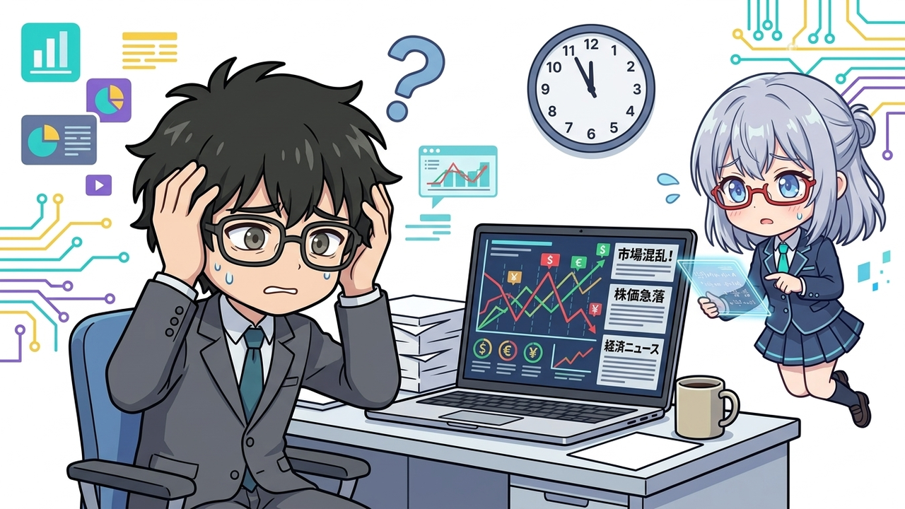 問題提起 - Jさんがノートパソコンの前で頭を抱え、株価チャートを見て困惑しているチビキャラ