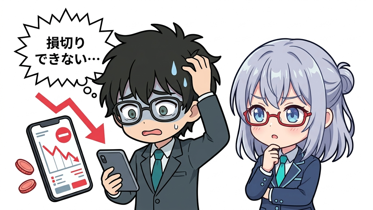 問題提起 - Jさんがスマホを見て、株の含み損に青ざめ、頭を抱えているチビキャラ