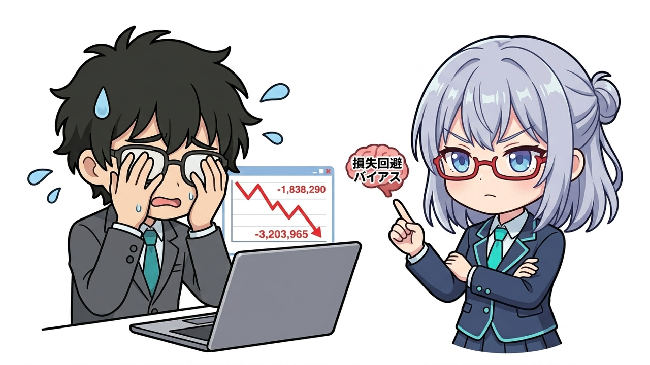 問題提起 - Jさんが、含み損を抱えた株価チャートを前に頭を抱え、焦った表情をしている。背景には「損失回避バイアス」と書かれた心理学的な図