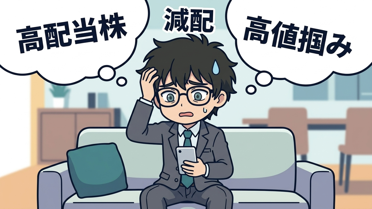 問題提起 - Jさんがスマホを握りしめ、頭を抱えて悩んでいるシーン。背景には「高配当株」「減配」「高値掴み」といったネガティブなキーワードが浮かんでいる。