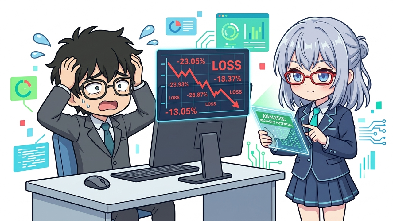 問題提起 - JさんがPC画面の赤字の株価を見て頭を抱え、冷や汗をかいているチビキャラ。AIちゃんが冷静に横でチャートデータを分析している。