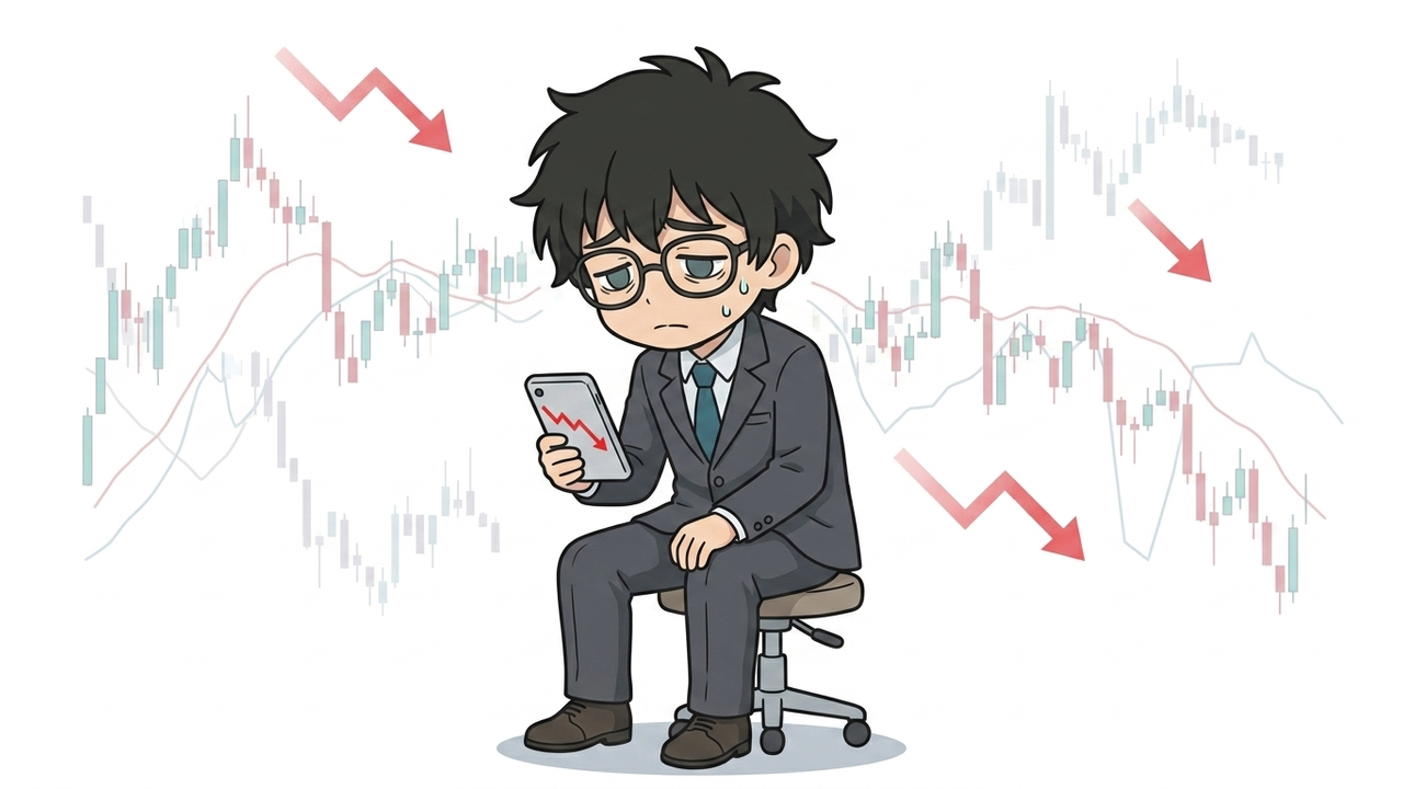 問題提起 - Jさんがスマホの株価チャートを見て、高値掴みで含み損になっていることにがっかりしているチビキャラ