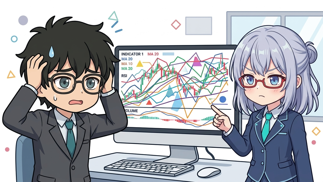 問題提起 - Jさんが複数のテクニカル指標が表示された複雑なチャートを前に頭を抱えて困惑しているチビキャラ