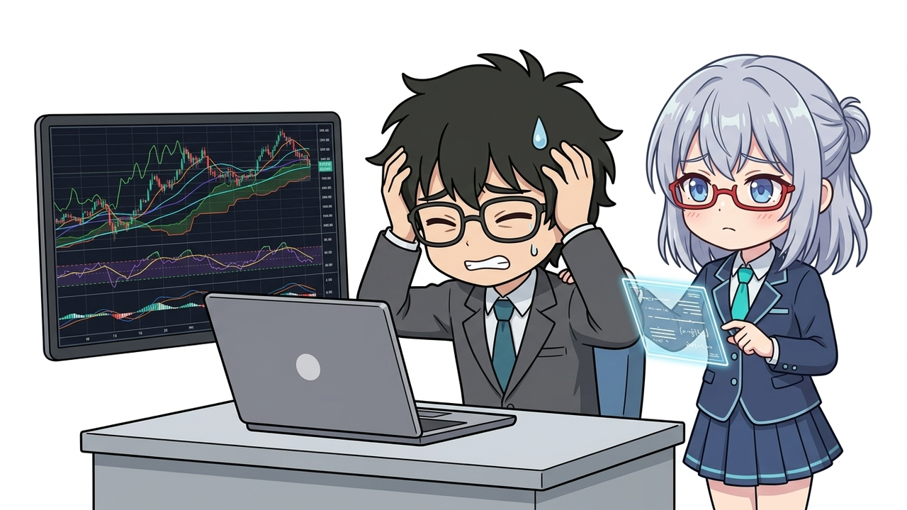 問題提起 - Jさんが複数のテクニカル指標が描かれた混乱したチャートを前に、頭を抱えて困っているチビキャラ