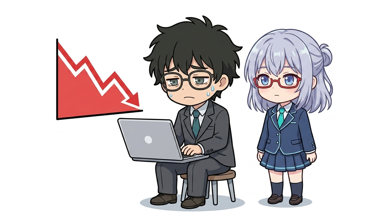 問題提起 - JさんがPC画面の株価チャートを見て、高値掴みでがっかりしているシーン