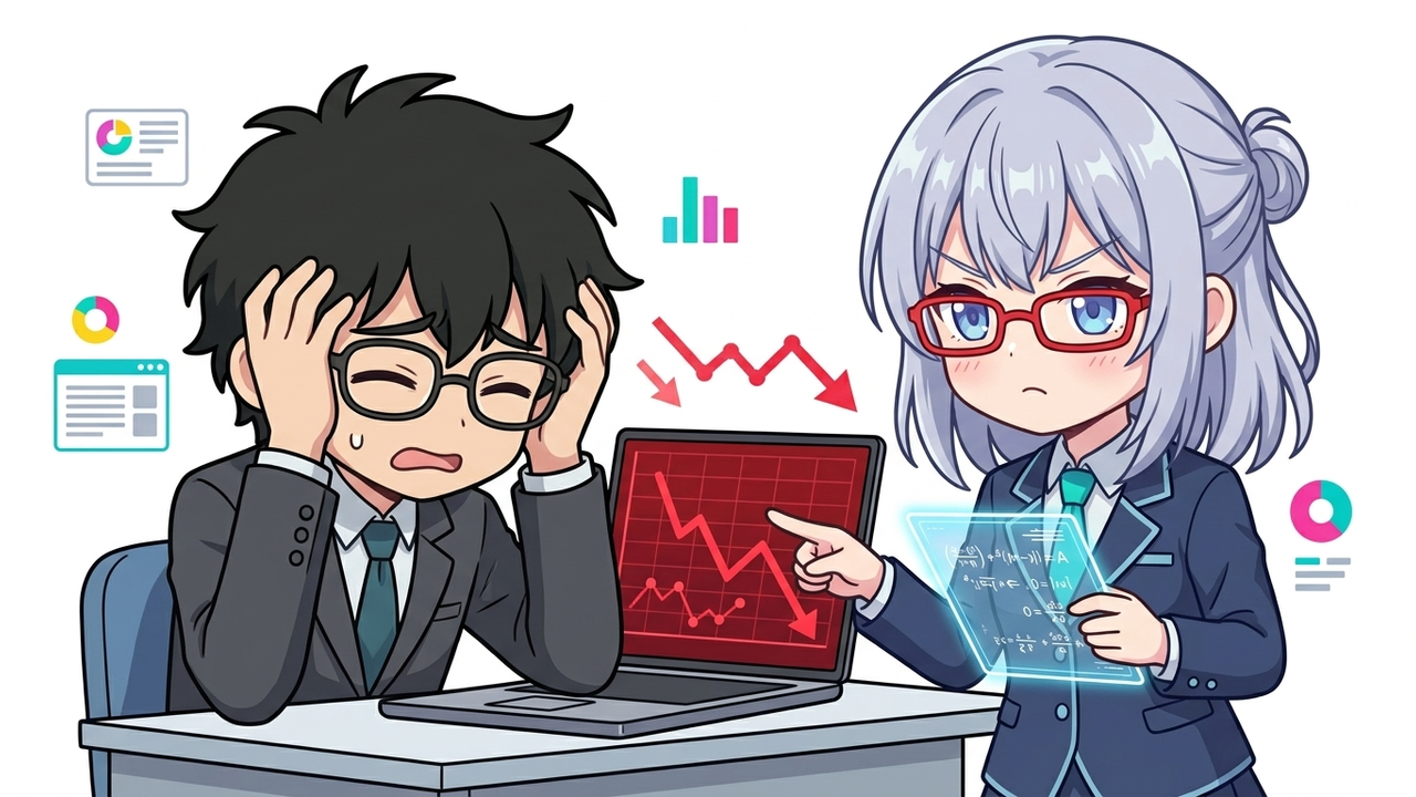 問題提起 - JさんがPC画面で下落する株価チャートを見て、頭を抱えて焦っている