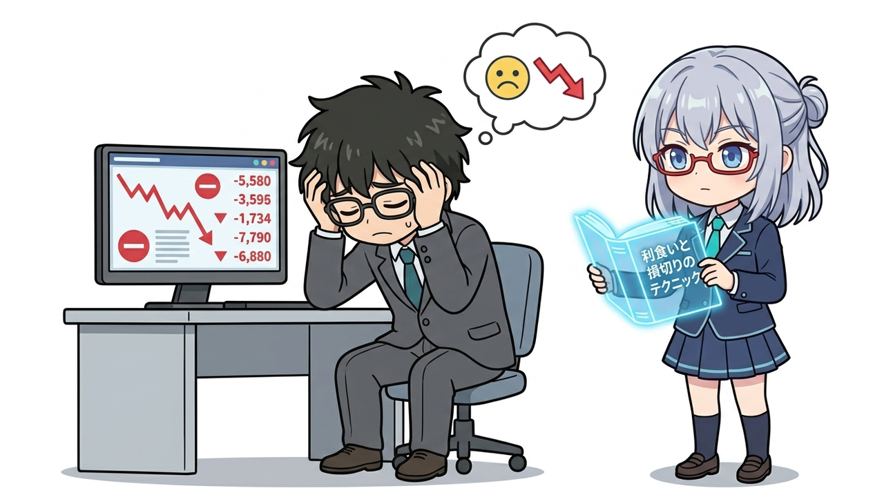 問題提起 - JさんがPC画面の赤字だらけのポートフォリオを見て、頭を抱え、困惑している様子。AIちゃんが隣で冷静な表情で書籍『利食いと損切りのテクニック』を差し出している。