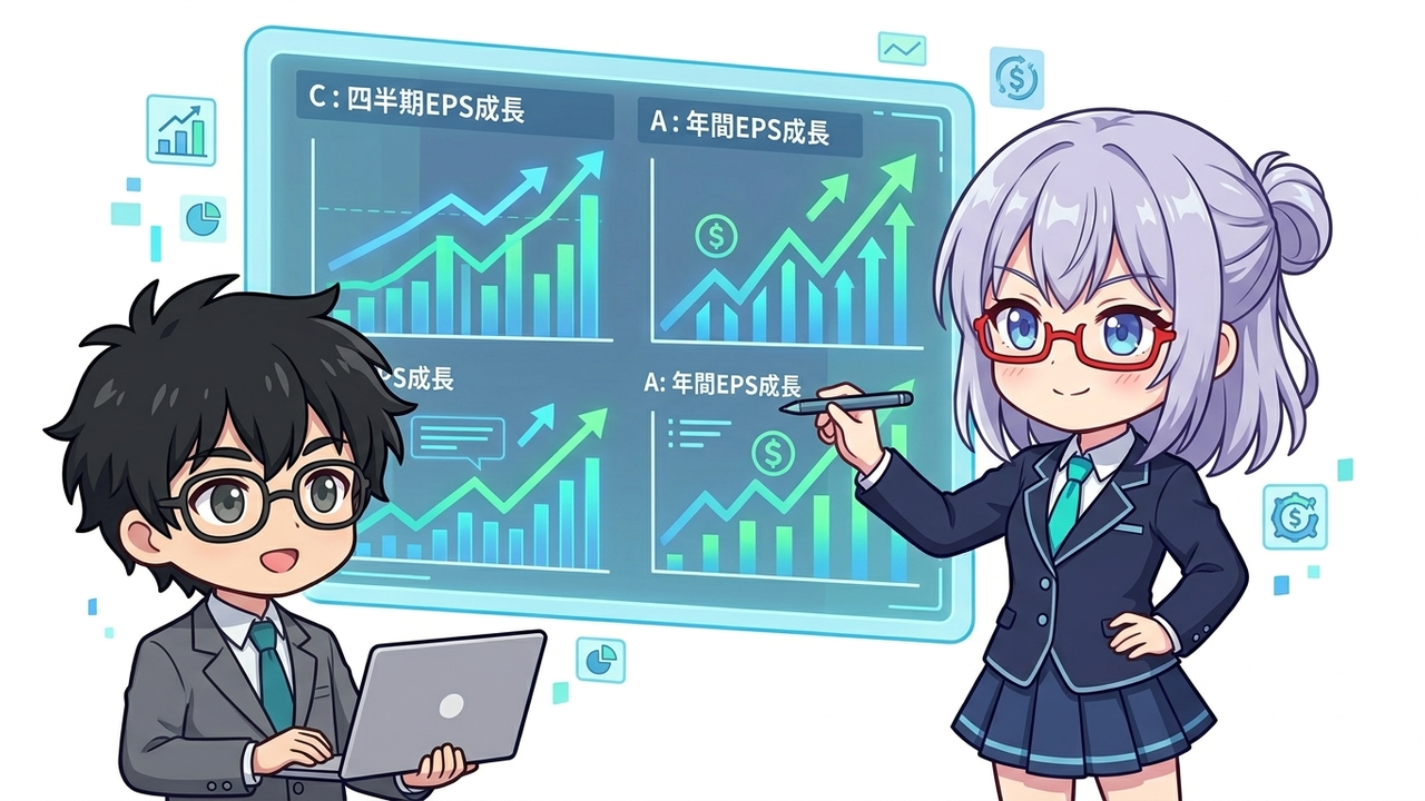解説 - AIちゃんがホログラムのホワイトボードを使って「C」と「A」の概念(グラフで利益が急成長している図)をJさんに説明している。Jさんは納得した表情で聞いている。