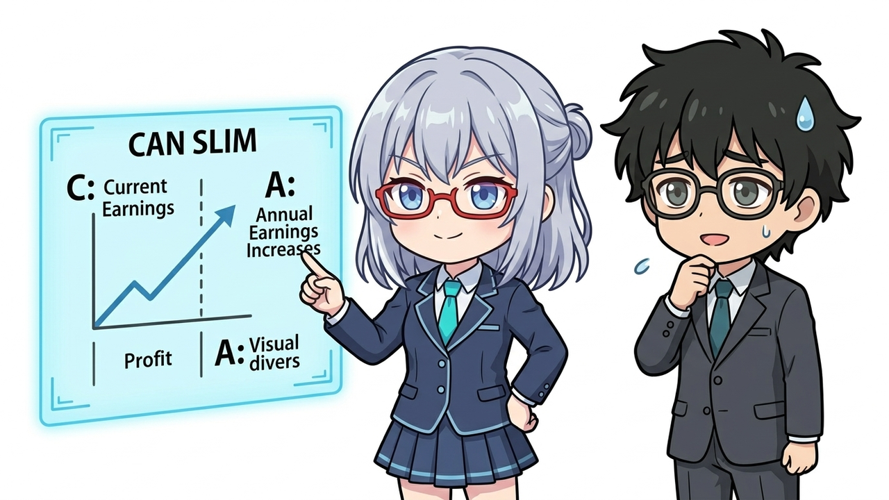 解説 - AIちゃんがホログラムでCAN SLIMのCとAの概念図(利益成長を示すグラフ)を指し示し、Jさんが納得顔で見ている