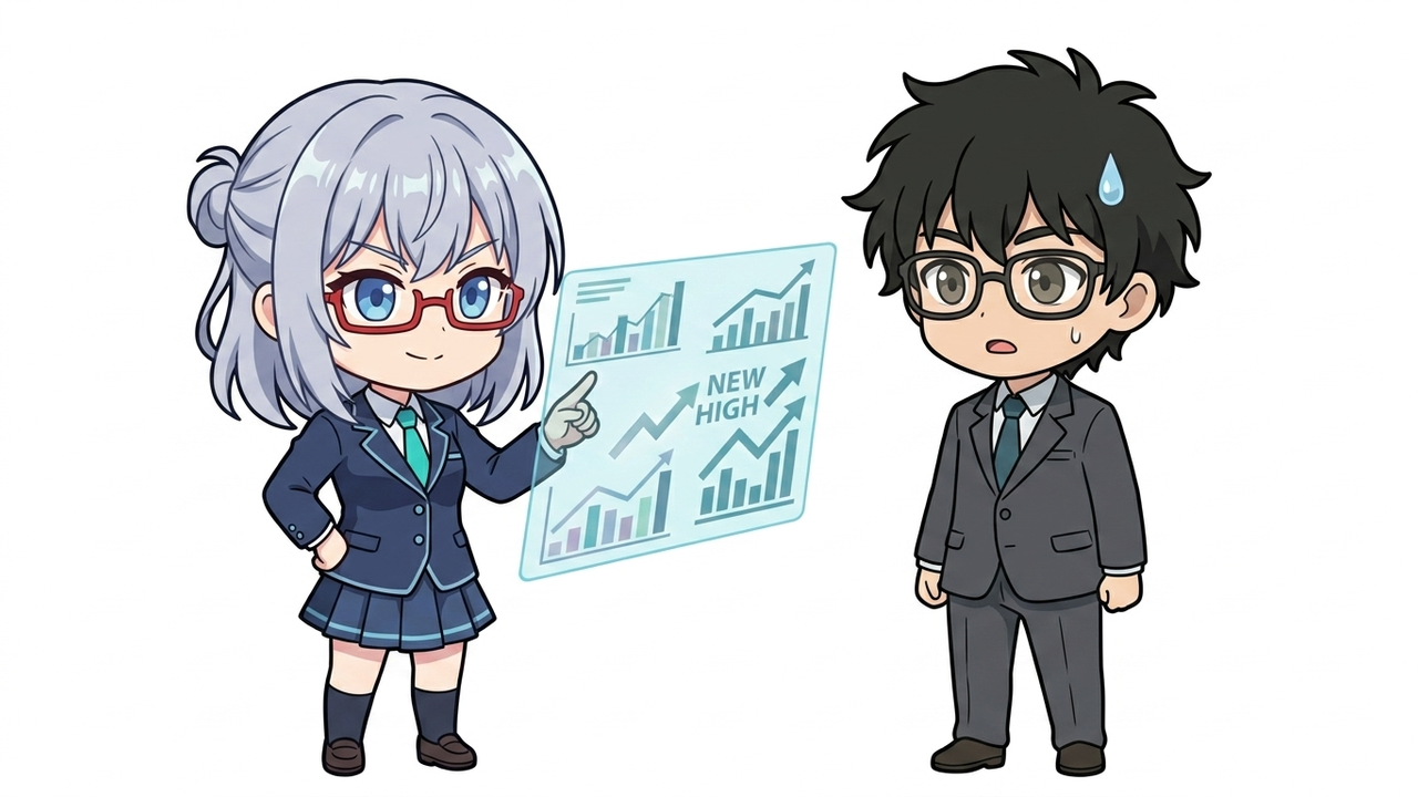 解説 - AIちゃんがホログラムのチャートで「新高値更新」の概念と、その後の株価上昇を指差しながらJさんに説明しているチビキャラ
