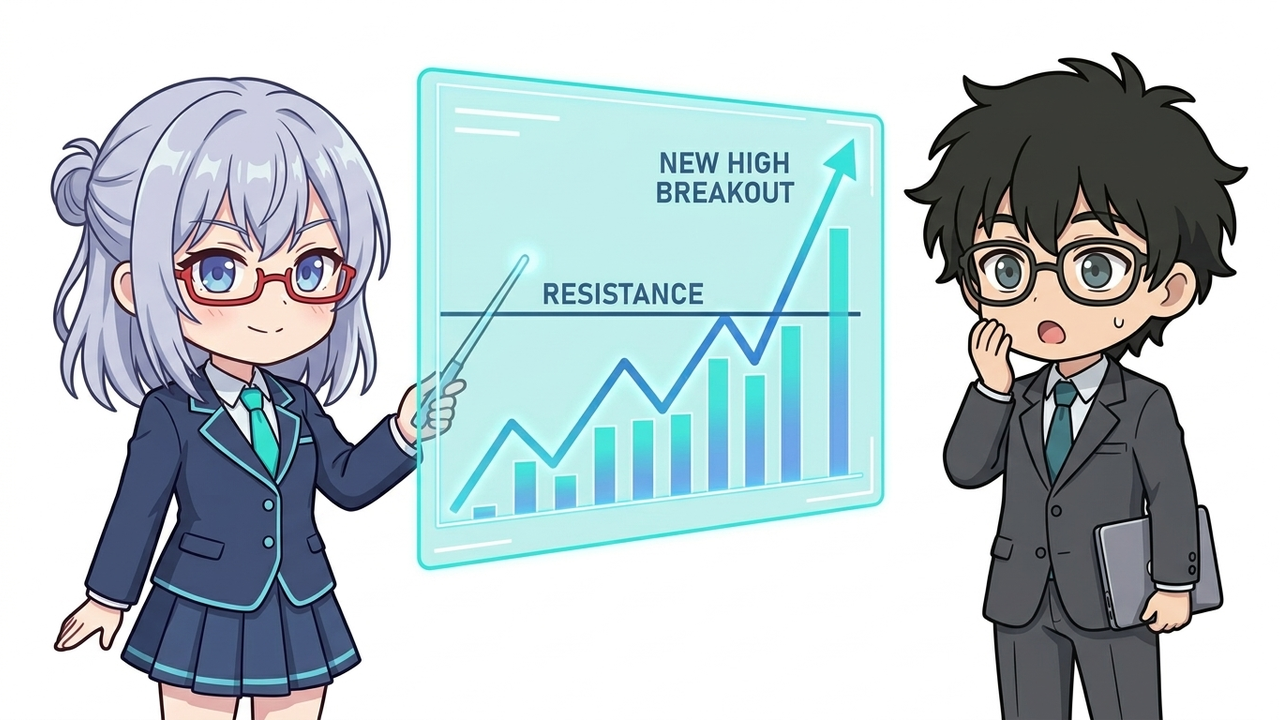 解説 - AIちゃんがホログラムでチャートを示し、新高値ブレイクアウトの概念をJさんに説明しているシーン。チャートにはレジスタンスラインを上抜けて急騰する株価が描かれている