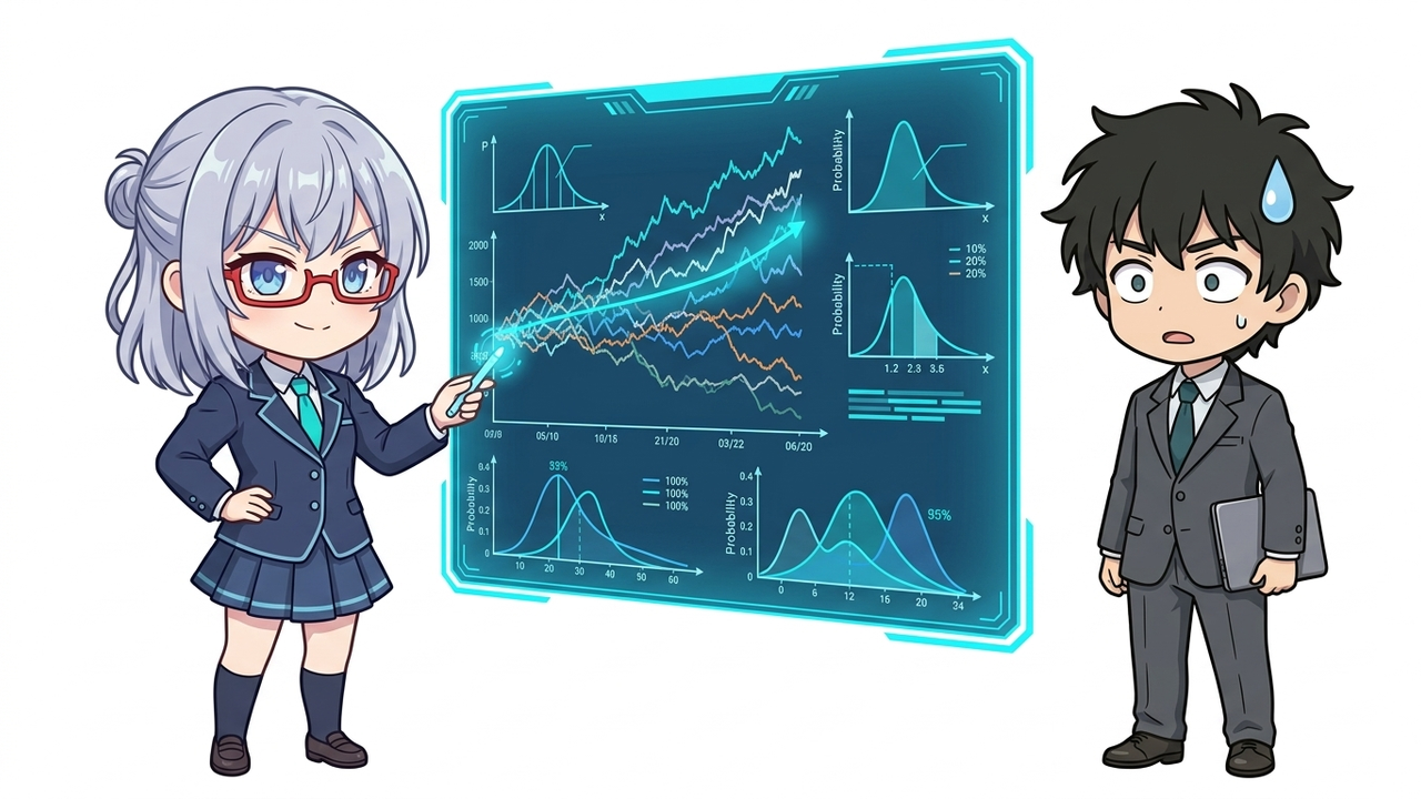 解説 - AIちゃんがホログラムのグラフや乱数表を指し示しながら、Jさんにモンテカルロ・シミュレーションの概念を説明している。