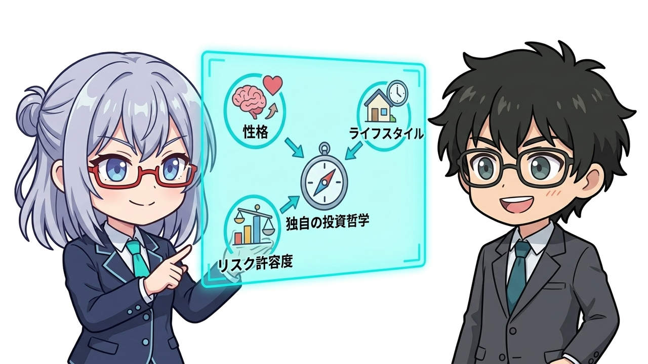 解説 - AIちゃんがホログラムのホワイトボードを使って、「性格」「ライフスタイル」「リスク許容度」と書かれた3つの要素が組み合わさって「独自の投資哲学」という羅針盤になっている概念図をJさんに説明しているチビキャラ。