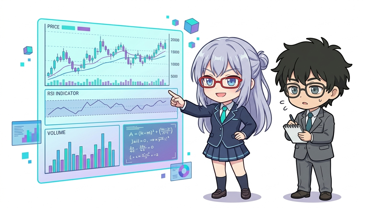 解説 - AIちゃんがホログラムの株価チャートとRSI、出来高の図を指しながらJさんに説明しているシーン。Jさんは納得した表情でメモを取っている