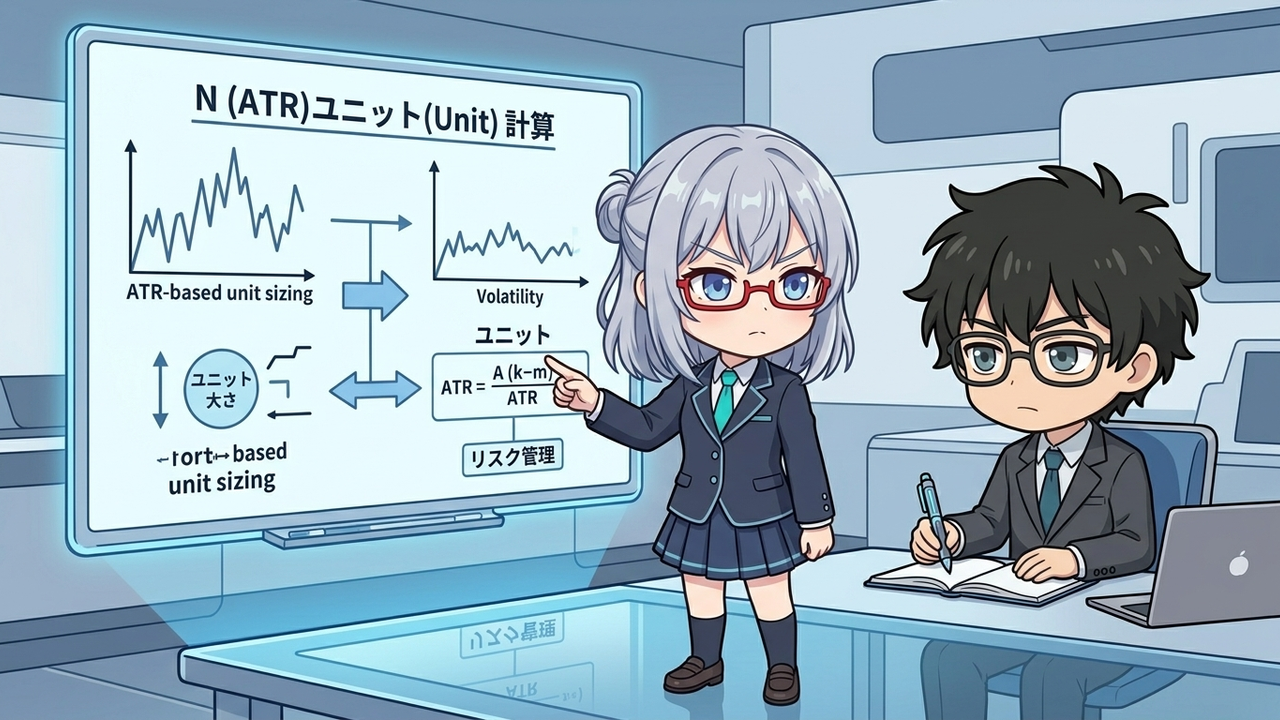 解説 - AIちゃんがホログラムのホワイトボードを使って、N（ATR）の計算式やユニットサイズの概念を図解し、Jさんが真剣な表情でメモを取っているシーン。複雑なグラフや数字が分かりやすく視覚化されている。