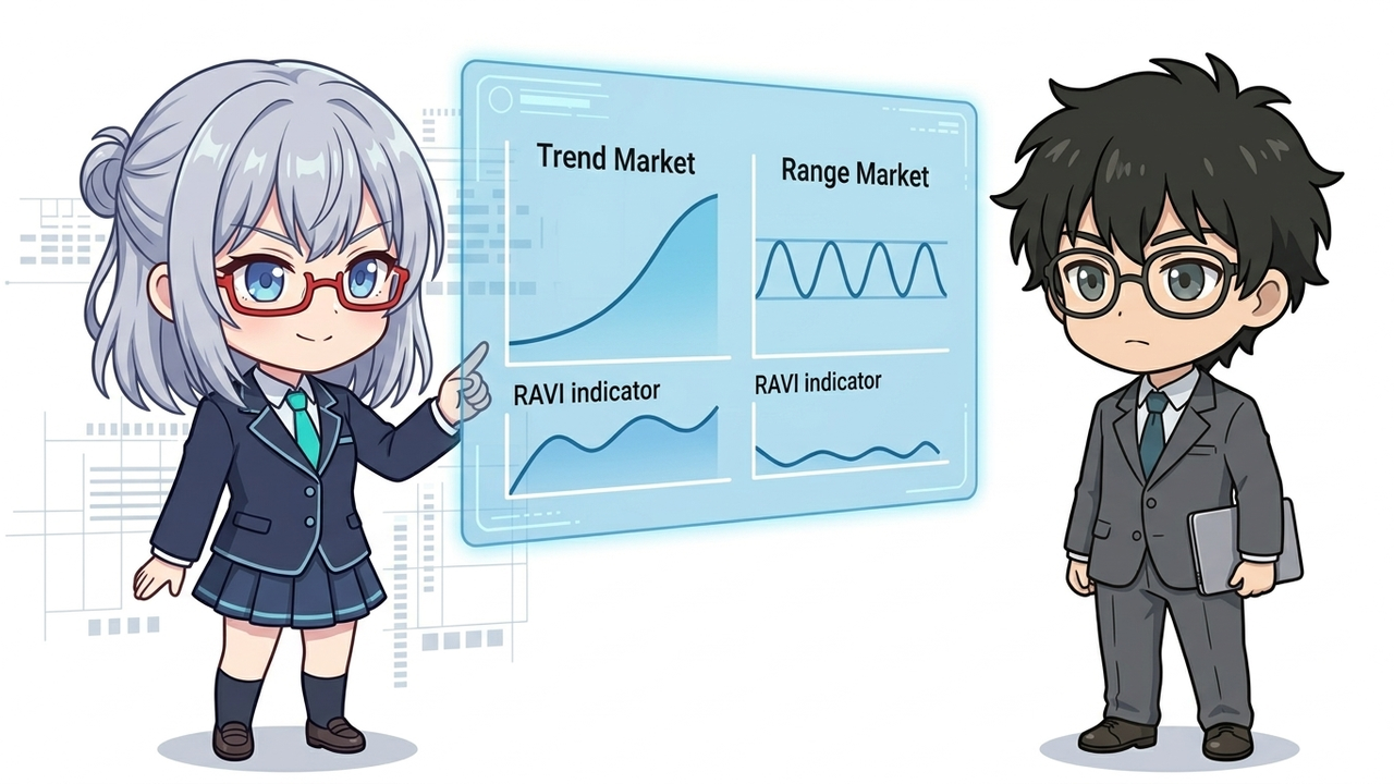 解説 - AIちゃんがホログラムのホワイトボードを使って、RAVI指標がトレンド相場とレンジ相場を区別する様子を図解している。Jさんはその図を見ながら感心している。