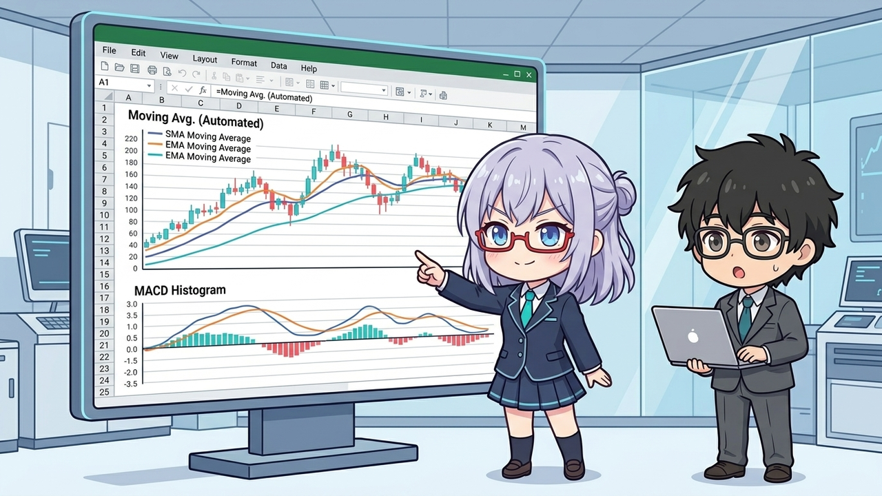解説 - AIちゃんがExcelのシートを指差しており、シート上には複数の移動平均線やMACDのグラフが自動生成されている様子。Jさんがそれを見て感心している。