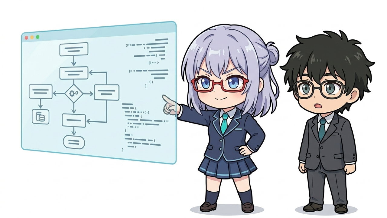 実装 - JさんがPC画面のExcelでマクロを記録し、AIちゃんがその手順を指差して説明しているチビキャラ