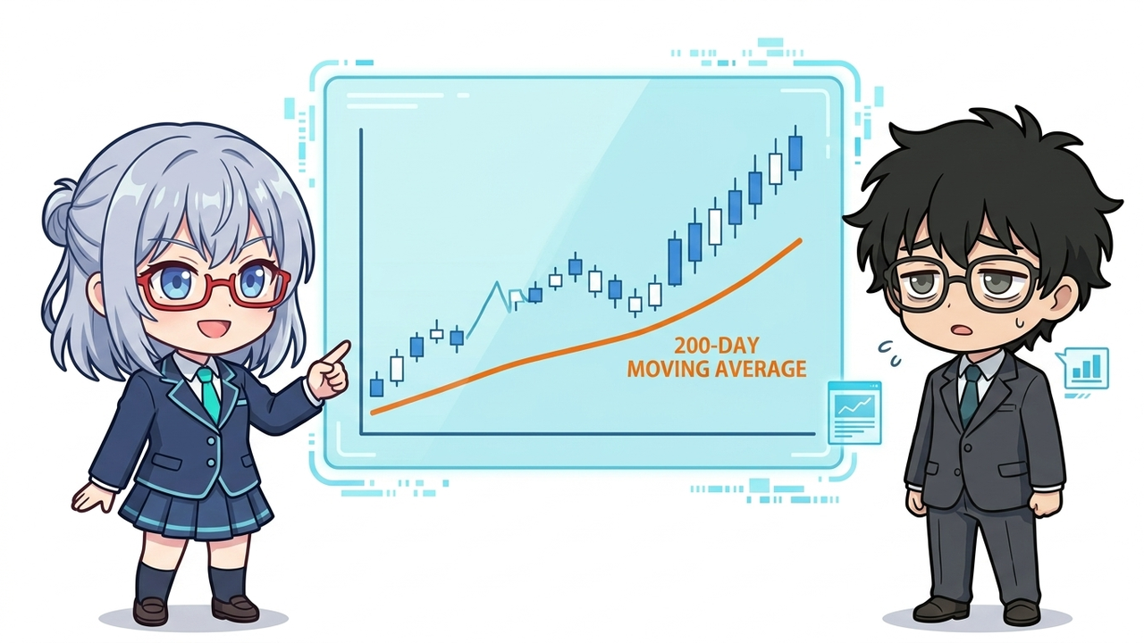 解説 - AIちゃんがホログラムのホワイトボードを使って200日移動平均線とその上下にある株価の動きを図解している。Jさんは興味深げにそれを見ている。