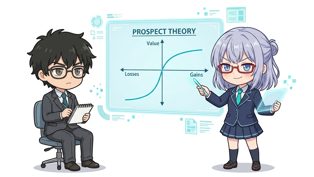 解説 - AIちゃんがホワイトボードでプロスペクト理論を図解しているチビキャラ、Jさんが真剣にメモを取っている