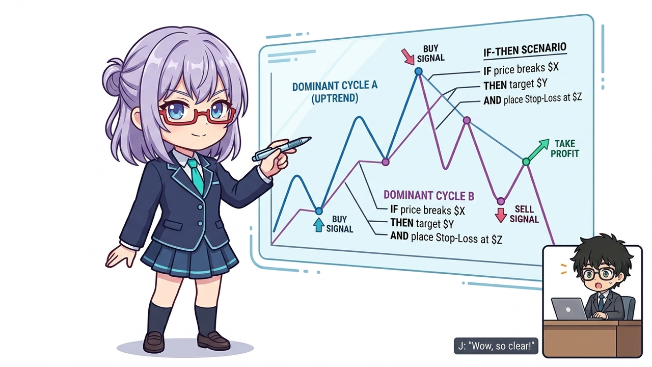 解説 - AIちゃんがホログラムのチャート上で、株価の支配的サイクルを円と波線で図解している