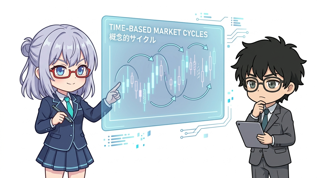 解説 - AIちゃんがホログラムで株価チャートに周期的な垂直線(時間軸)を重ねて説明しているチビキャラ