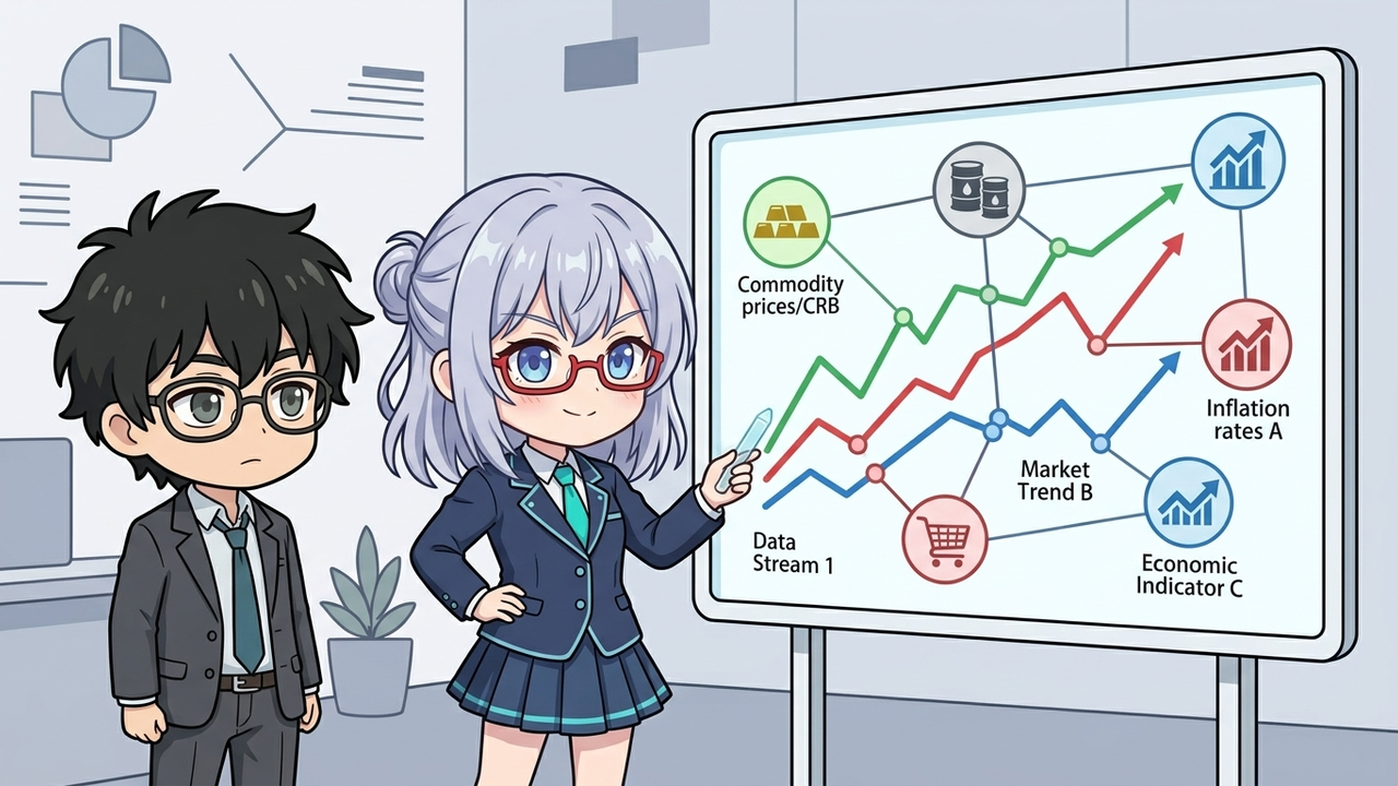 解説 - AIちゃんがホログラムのチャートを指差し、商品価格（CRB指数）、インフレ率、株価指数がそれぞれ異なる動きで連動している様子をJさんが見ている