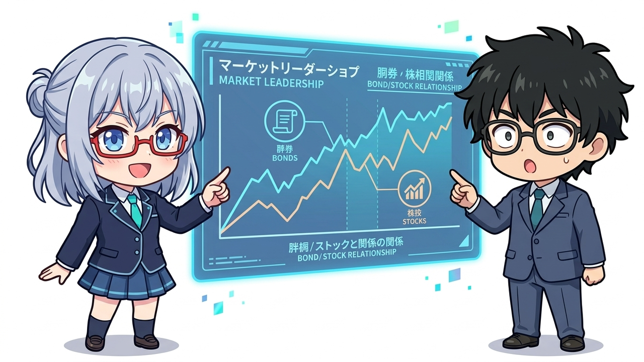 解説 - AIちゃんがホログラムの画面で債券価格と株価のチャートを重ね、債券が先行して動く様子を時間軸で示している。Jさんはその図解を指差して「なるほど!」と納得している。
