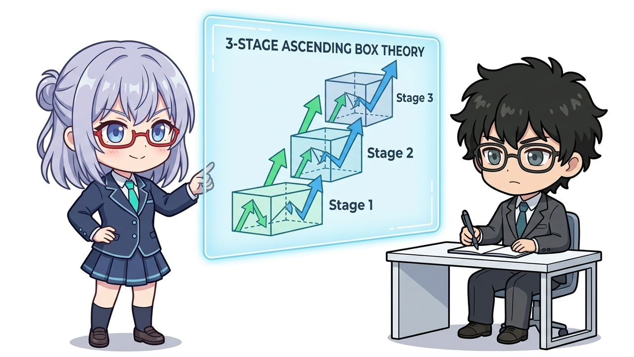 解説 - AIちゃんがホログラムで「3段階上げボックス理論」を図解している。第1、第2、第3ボックスが明確に示され、Jさんがそれを真剣な顔で理解しようとしている。