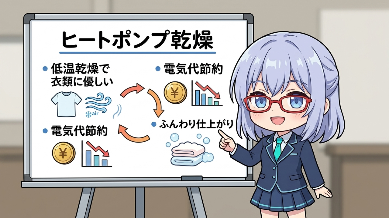 解説 - AIちゃんがヒートポンプ乾燥の仕組みと電気代の差を図解で説明するシーン