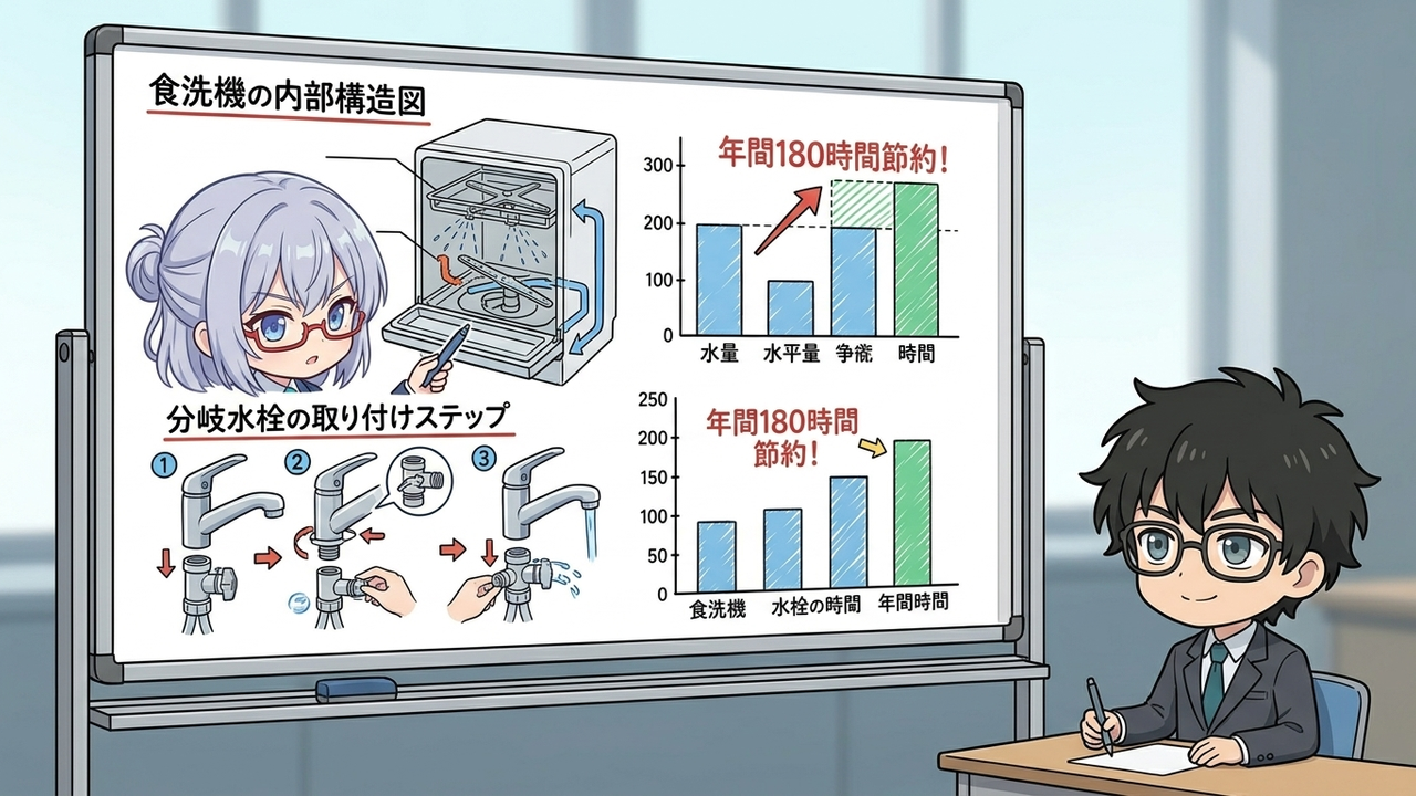 解説 - AIちゃんが食洗機の水道代節約と費用対効果を図で説明するシーン