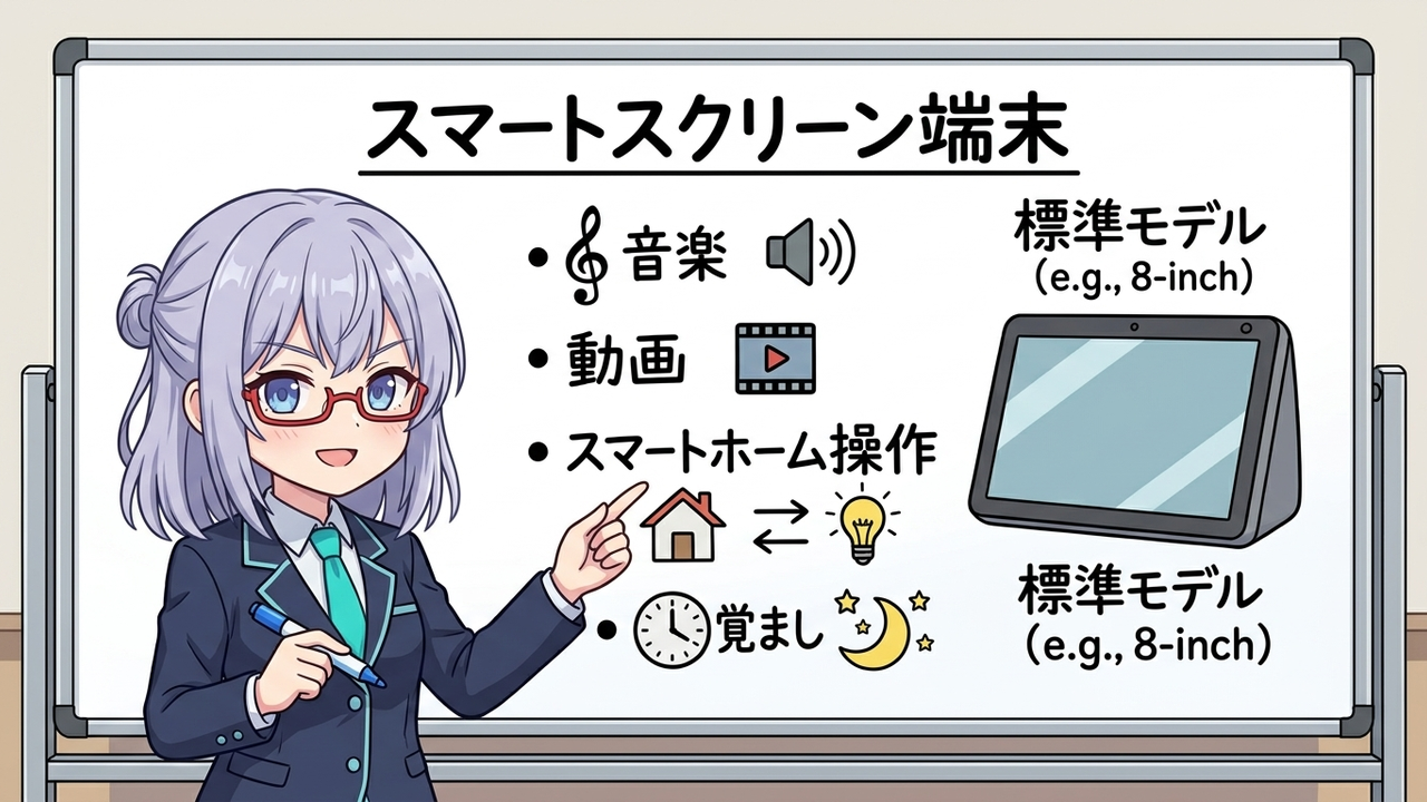 解説 - AIちゃんがEcho Show 5と8の使い分けとコスパを図解で説明するシーン