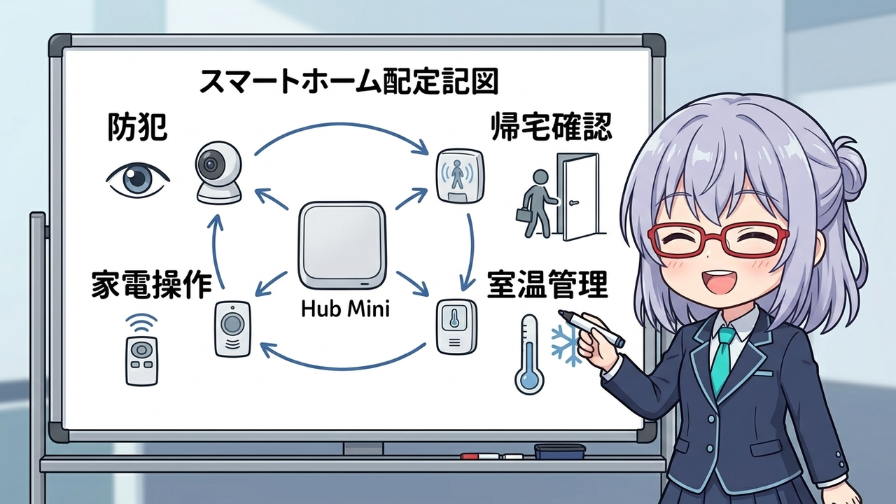 解説 - AIちゃんがSwitchBotの各デバイス連携と防犯・家族管理の仕組みを図解するシーン
