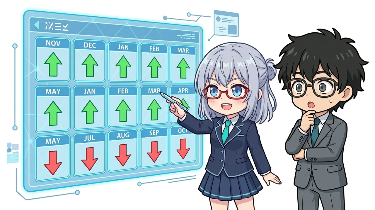 解説 - AIちゃんが11月から4月までのカレンダーに株価上昇のグラフを描いて説明するシーン