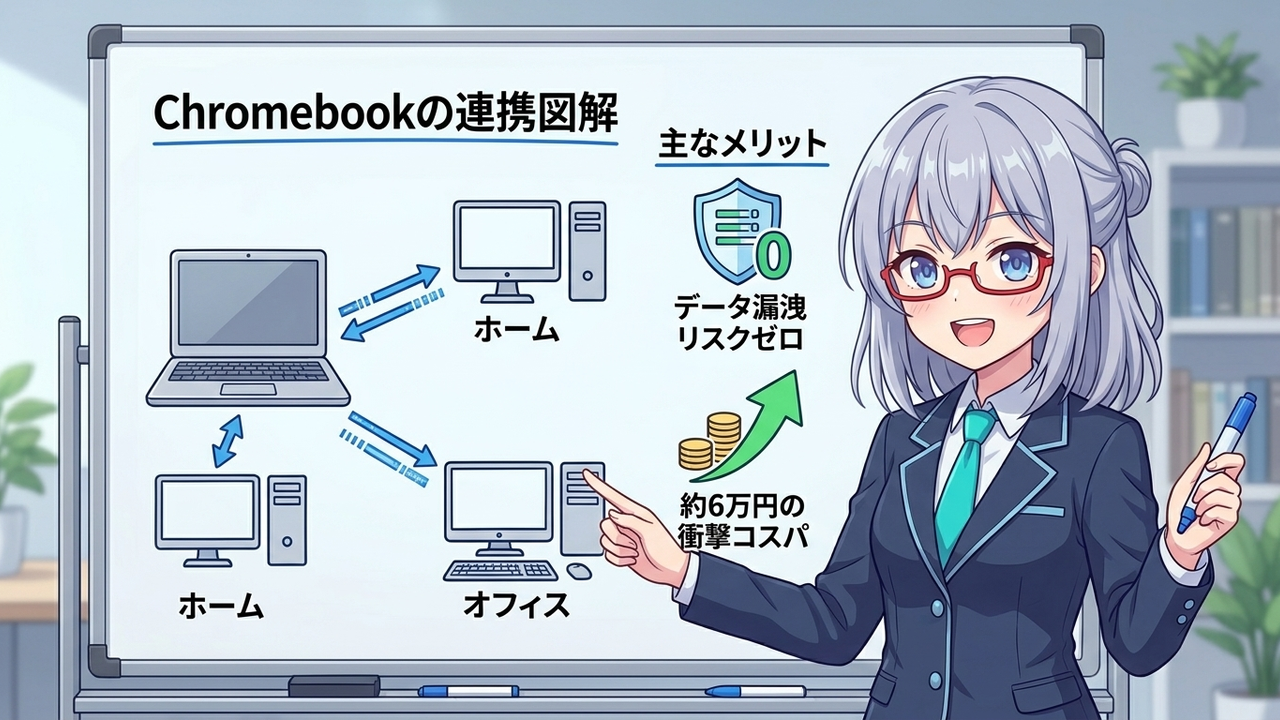 解説 - AIちゃんがリモートデスクトップの仕組みとChromebookのコストメリットを図解するシーン