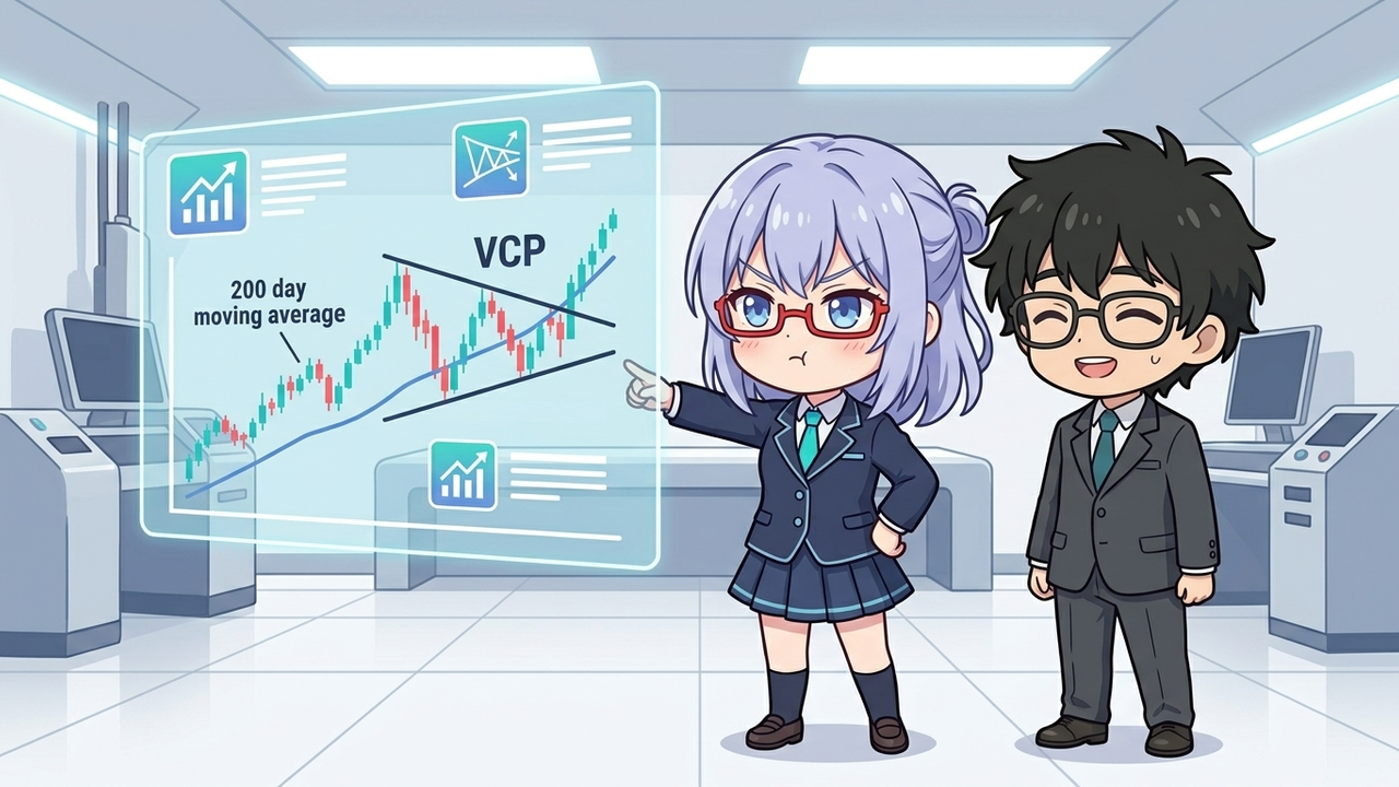 解説 - AIちゃんがホログラムで200日移動平均線やVCPパターンを図解し、Jさんが納得している様子
