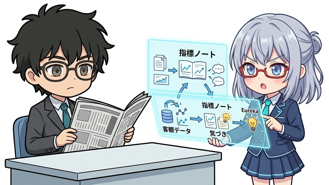 解説 - Jさんが日経新聞の最後のページから読み始め、横にAIちゃんがホログラムの「指標ノート」とペンを指差して「客観データ」と解説しているチビキャラ