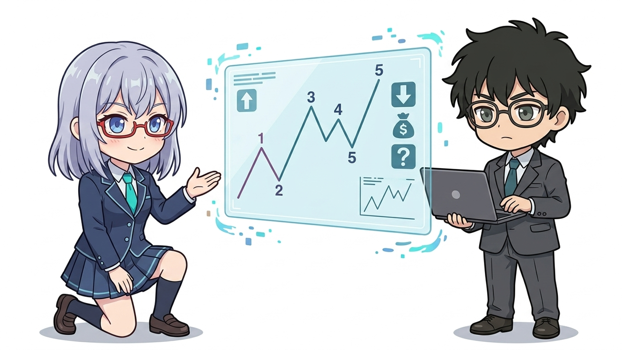解説 - AIちゃんがホワイトボードにエリオット波動の「5波3波」の図を指し示し、特に第1波の始まりと第2波の終わりを強調して説明している。Jさんはその図を真剣な表情で見ている。