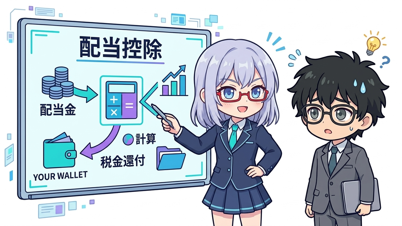 解説 - AIちゃんがホワイトボードに配当控除の計算式や図解を描き、Jさんが感心しているちびキャラのイラスト