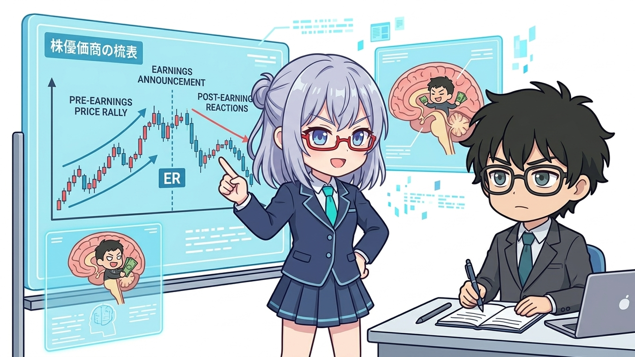 解説 - AIがホログラムで決算発表前後の株価パターンと出来高のグラフを指し示し、Jさんが納得顔で見ているイラスト