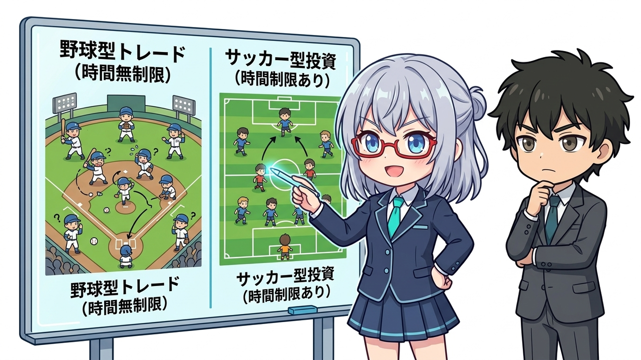 解説 - AIちゃんがホログラムのホワイトボードを使って、野球とサッカーのフィールドを並べて図解しているチビキャラ。「時間無制限 vs 90分」や「個別能力 vs チーム戦略」といった対比が分かりやすく示されている。