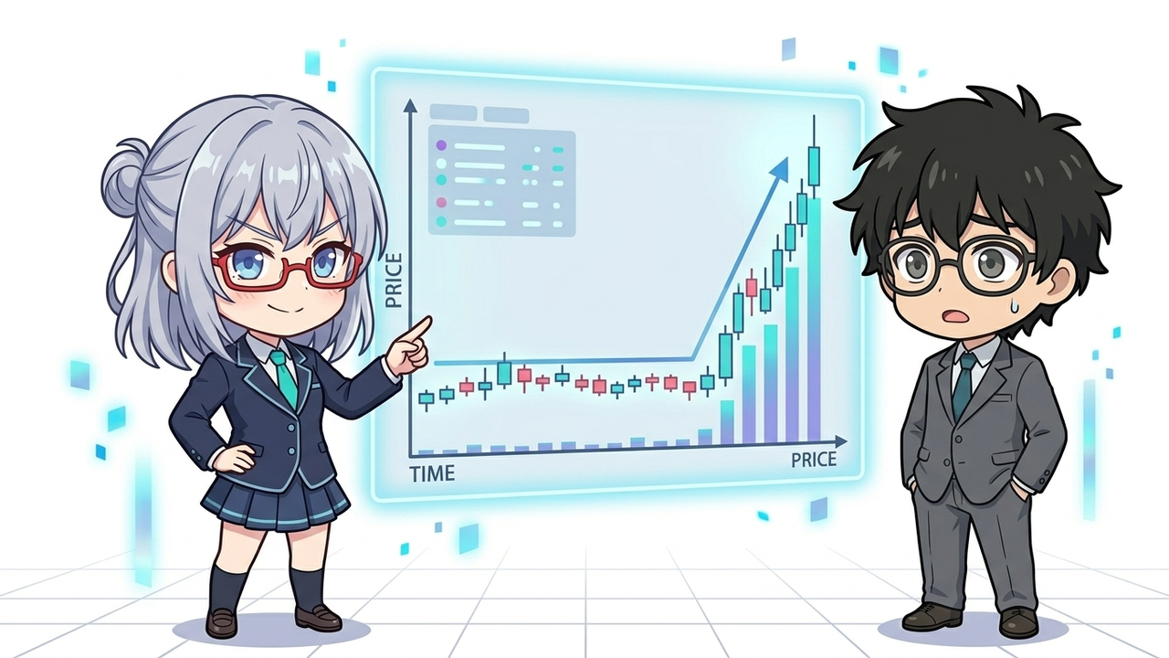 解説 - AIちゃんがホログラムの週足チャートを指差し、横ばいの「退屈な期間」から急騰するポイントをJさんに解説している
