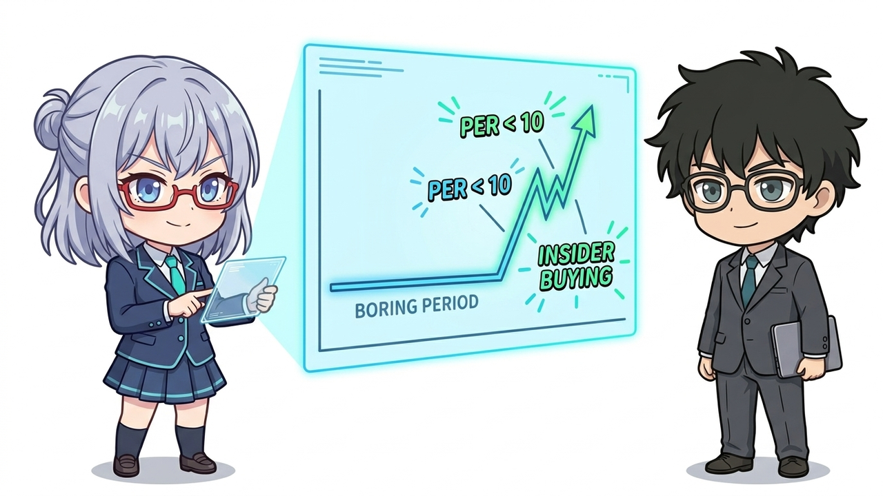 解説 - AIちゃんがホログラムでPER10以下の株価チャートとインサイダー買いを示す図解をしているチビキャラ