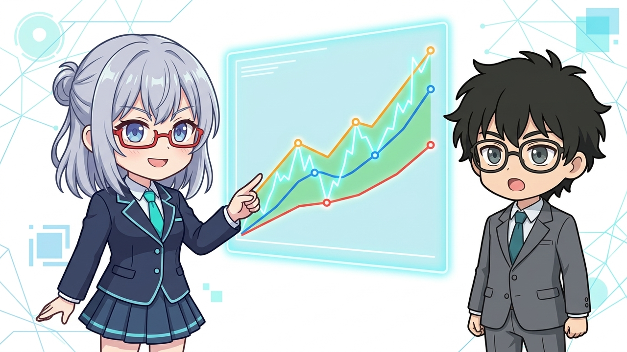 解説 - AIちゃんがホログラムでチャート上の「帯」を指し示し、それが支持帯・抵抗帯として機能する様子を図解しているちびキャラ。Jさんは真剣な表情でうなずいている。