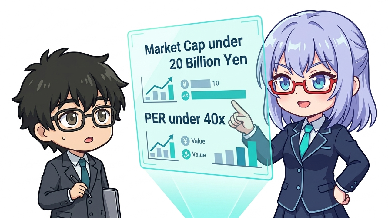 解説 - AIちゃんがホログラムで時価総額とPERの概念を図解しているチビキャラ