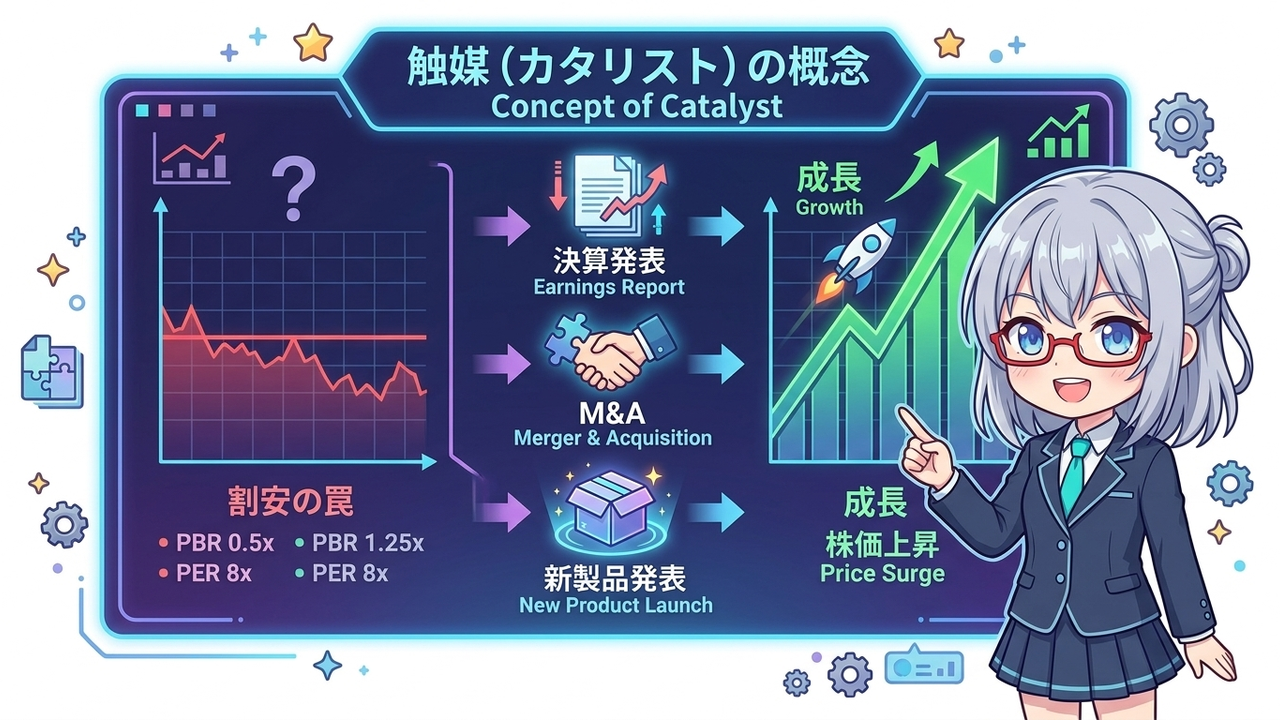 解説 - AIがホログラムで「カタリスト」という概念を説明している。左側には割安で停滞している株価チャート、右側には好材料（決算発表、M&Aなど）のアイコンがあり、それが株価上昇のトリガーになっている様子を図解