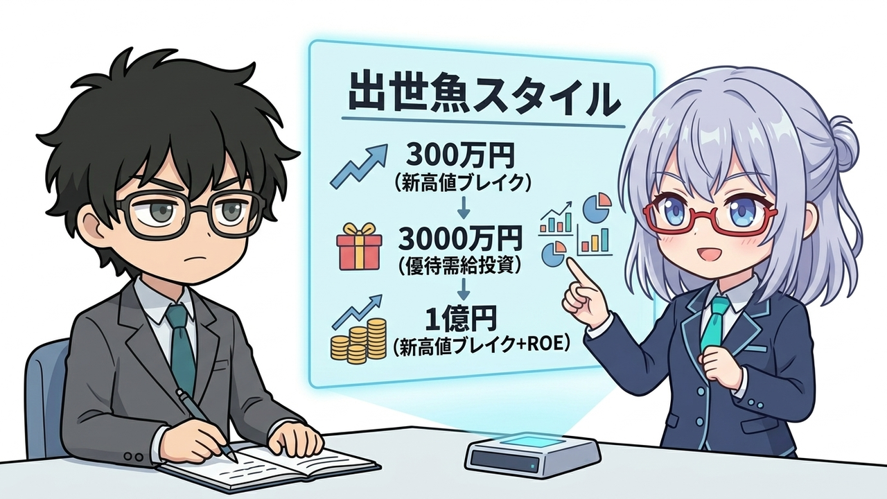解説 - AIちゃんがホワイトボードに「資産300万→3000万→1億」と各ステージでの投資法が書かれた「出世魚スタイル」の図を説明しているチビキャラ