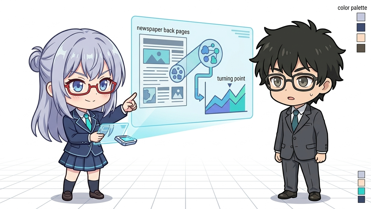 解説 - AIちゃんが日経新聞を逆さまに開いて見せ、Jさんが驚いてその意味を理解しようとしているシーン。
